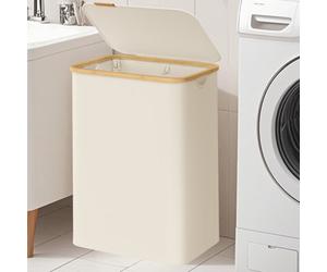 LEDREM Laundry Basket With Lid, 2-Section Large Laundry Hamper, 130L, Removable Mesh Liner, Oxford Fabric, Bamboo Handles, Collapsible