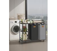 LEDREM Laundry Sorter With 2 Compartments, 100 L Laundry Cart With Shelves, Removable Liners, Labels, Chestnut Brown And Black