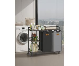 LEDREM Laundry Sorter With 2 Compartments, 100 L Laundry Cart With Shelves, Removable Liners, Labels, Chestnut Brown And Black