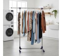 LEDREM Mobile Clothes Rack With Casters, Rolling Clothing Rack, Height-Adjustable Garment Rack, Silver And Blue
