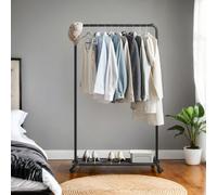 SONGMICS Clothes Rack with Wheels, Clothing Rack for Hanging Clothes, 25.4 mm Thickened Pipe Garment Rack with Dense Mesh Storage Shelf, 110 lb Load Capacity, 2 Brakes, Steel Frame, Black UHSR25BK