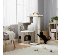 LEDREM Modern Cat Tree, 86 Cm With Cat Cave, 3 Perches, Scratching Post And Mat, Removable Washable Plush Cushions, Greige And White