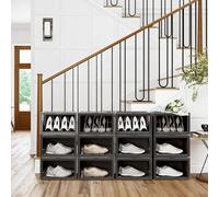 LEDREM Pack Of 6 Stackable Shoe Organisers With Clear Door, Plastic Shoe Storage For Uk Size 11, 28 X 36 X 22 Cm, Black