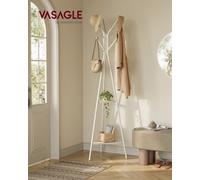 LEDREM Rack Stand, Coat Tree, Hall Tree Free Standing, Industrial Style, With 2 Shelves, Natural Beige And Pearl White