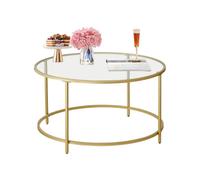 LEDREM Round Coffee Table For Living Room, Modern Glass Coffee Table With Metal Frame, Gold Color