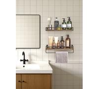 Ledrem Set Of 2 Bathroom Floating Shelves, Wall Shelves With Towel Rack, Wood Shelves For Wall, Rustic Brown And Black