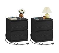 LEDREM Set Of 2 Nightstands With Charging Station, Bedside Tables With Drawers, Side End Tables, For Bedroom, Black