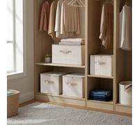 LEDREM Set Of 6 Foldable Storage Boxes With Lids And Handles, Non-Woven Clothes Organiser Baskets, 40 X 30 X 25 Cm, Beige