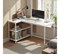 LEDREM Shaped Corner Desk, Computer Gaming Desk With Storage, Reversible Height-Adjustable Shelves, For Home Office, Maple White