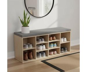 LEDREM Shoe Bench With Cushion, 10-Compartment Storage Bench With Padded Seat, Adjustable Shelves, For Bedroom, Oak Colour
