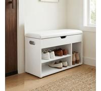 LEDREM Shoe Bench With Cushion, Storage Bench With Padded Seat, 3 Compartments, Hidden Storage, Shelves
