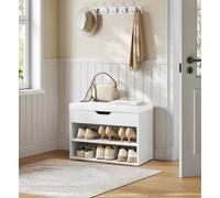 LEDREM Shoes Storage Bench, Shoes Rack With Folding Padded Seat, Shoe Organizer With 2 Shelves, 60 X 30 X 44 Cm, White