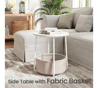LEDREM Side Table, Round End Table With Fabric Basket, For Living Room Bedroom, Bedside Table, Modern Style, White