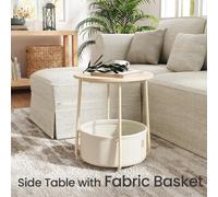LEDREM Side Table, Round End Table With Fabric Basket, For Living Room Bedroom, Bedside Table, Modern Style