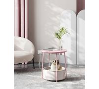 LEDREM Side Table With Charging Station, Round End Table With Power Outlets, Usb Ports, Fabric Basket,jelly Pink And Cream White