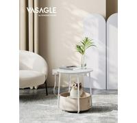 LEDREM Side Table With Charging Station, Round End Table With Power Outlets, Usb Ports, Fabric Basketmatte White And Camel Brown