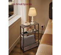 LEDREM Slim Side Table With Charging Station, 3-Tier Narrow Bedside Table, End Table For Small Spaces, Magazine Rack