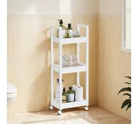 LEDREM Small Shelf Storage Unit On Wheels, Bathroom Trolley, Slim Kitchen Shelf, Bamboo, Space-Saving, White