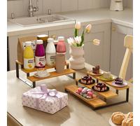 LEDREM Spice Rack, Set Of 2 Cabinet Shelf Organisers, 3-Tier Extendable Spice Holder, Engineered Wood, Stackable, For Pantry, Cupboard