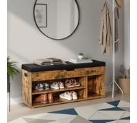 LEDREM Storage Bench With Cushion, Shoe Bench With Padded Seat, Entryway Bench With 3 Compartments, Hidden Storage, Shelves, Brown