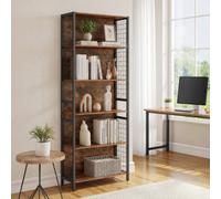 Ledrem Tall 6-Shelf Storage Rack, Bookcase With Hooks, Bookshelf For Living Room, Office, Bedroom, Brown And Black