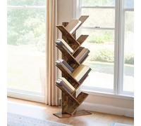LEDREM Tree Bookshelf, 9-Tier Floor Standing Bookcase, Space-Saving Corner Shelf, With Wooden Shelves For Bedroom