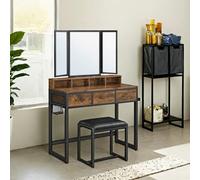 Dressing Table with Tri-Fold Mirror and Stool, Vintage brown-black