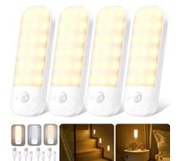 Motion Sensor Lights Indoor, 4 Pack USB Rechargeable LED Night Light with 3 Modes, 3 Light Color, Stepless Dimmable, with Removable Magnet Sheet Stick-On Cupboard Lights Wardrobe Lights