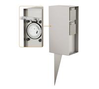 ledscom.de Garden socket pillar POMI with ground spike for outdoors, IP44, timer/timer, 2-gang, stainless steel, square, 23cm