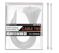 LEDSon White Pack of 100 Cable Ties 10mm x 1200mm, Nylon Zip Ties, Multi-Purpose Tie Wraps, Secure Self-Locking Mechanism, for Home, Garden, Office and DIY
