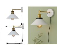 LEDSone 2 Pack Adjustable Retro Plug in Wall Light Lamps with 2m Plug in Cable Cord and Dimmer Switch, Edison Metal Swing Adjustable E27 Wall Sconce, Vintage Industrial Bedside Lamp (White 2 Pack 2)