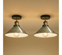 E27 Base Semi-Flush Mount Ceiling Lamp with 22cm Green Brass Conical Lampshade Easy Fit Durable Metal Vintage Ceiling Lighting for Living Room, Bedroom, Dining Room, Kitchen with - EPC A+ Bulb 2 Pack