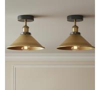 LEDSone 2 Pack Industrial Vintage Semi Flush Mount Ceiling Light Fixtures E27 Lamp Holder 22cm Cone Shade Ceiling Lighting for Kitchen, Living Room, Hallway Yellow Brass with Bulb