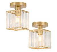 LEDSone 2 Pack K9 Crystal Cube Ceiling Light 13x13 cm Shade Modern Gold Semi Flush Mount Fixture Small Chandelier for Entryway, Hallway, Bedroom, Kitchen