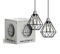 LEDSONE 2-Pack Modern Geometric Diamond Pendant Lampshades - Metal Wire Cage, Black, 13x20cm, Ideal for Living Room, Kitchen, Restaurant, Office