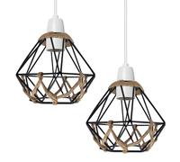 LEDSone 2 Pack of Open Style Black Industrial-Diamond Hemp Rope Wire cage Pendant Shade Hanging Light Easy Fit Lampshade for Lightning fixtures (Woven Diamond cage 2 Pack)