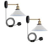 LEDSone 2 Pack of Retro Industrial Plug-in Wall Light Metal Cone Shape Shade Indoor Light Fitting 2m Cable with on/Off Dimmer Switch for Bedroom Hallway Restaurants (White 2 Pack, Without Bulb)