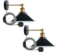 LEDSone 2 Pack of Retro Industrial Plug-in Wall Light Metal Cone Shape Shade Indoor Light Fitting 2m Cable with Dimmer Switch for Bedroom Hallway Restaurants (Black 2 Pack, Without Bulb)