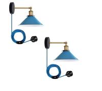 LEDSone 2 Pack of Retro Industrial Wall Light Plug in Wall Lamp Metal Cone Shape Shade Indoor Light Fitting with Dimmer Switch for Bedroom Hallway Restaurants (Blue 2 Pack, Without Bulb)