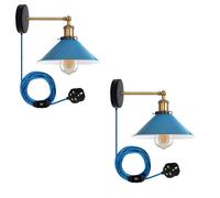 LEDSone 2 Pack of Retro Industrial Wall Light Plug-in Wall Lamp Metal Cone Shape Shade Indoor Light Fitting with Dimmer Switch for Bedroom Hallway Restaurants (Blue 2 Pack, with Bulb)