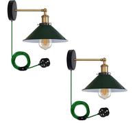 LEDSone 2 Pack of Retro Industrial Wall Light Plug-in Wall Lamp Metal Cone Shape Shade Indoor Light Fitting with on/Off Dimmer Switch for Bedroom Hallway Restaurants (Green 2 Pack, with Bulb)