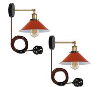 LEDSone 2 Pack of Retro Industrial Wall Light Plug in Wall Lamp Metal Cone Shape Shade Indoor Light Fitting with Dimmer Switch for Bedroom Hallway Restaurants (Orange 2 Pack, with Bulb)
