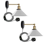 LEDSone 2 Pack Plug in Wall Light with Dimmer Switch, Industrial Swing Arm Wall Sconce Brass Finish White Shade, Adjustable Bedside Wall Lamp for Bedroom Living Room, E27