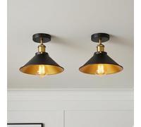 LEDSone Modern Semi Flush Mount Ceiling Light Metal 2 Pack Cone Shape Pendant Lamp Chandelier LED Lights Fitting for Kitchen Bedroom Hallway Restaurant Hotel (Black Inner Gold)