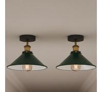2 Pack Vintage Semi Flush Mount Ceiling Light with 22cm Green Cone Shade and E27 Base Lampholder for Kitchen Living Room Bedroom with Bulb Easy to Install Durable Metal Energy Efficient A+++