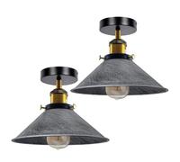 LEDSone 2 Pack Vintage Semi Flush Mount Ceiling Light E27 Base Light Fitting 22cm Metal Cone Shade Indoor Lamp Fixture for Kitchen, Bedroom, Living Room, Cafe Brushed Silver