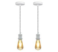 LEDSone Vintage E27 Pendant Light Fitting - White Hanging Ceiling Lamp Kit with Twisted Fabric 1m Cable & Rose - Industrial Retro Style for Kitchen, Bar, Dining Room