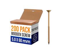 LEDSone 200 Pcs of Wood Screws 5x60mm Multipurpose Self-Tapping Self Countersinking Type 17 Point Flat Head Fully Threaded Yellow Passivated wood screws