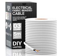 LEDSone 3 Core Round 5 Meter Black Fabric Braided Flex Lighting Cable, Vintage Electrical Cable Wire Flexible Fabric DIY Electrical Wire for Lamps, Flex Cables for Appliances (White - Round)