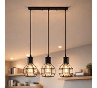 LEDSone 3 Light Industrial Ceiling Pendant Light, Black Geometric Cage Bar Fitting, E27 Adjustable Hanging Lamp, 50cm Vintage Chandelier for Kitchen Island Dining Room